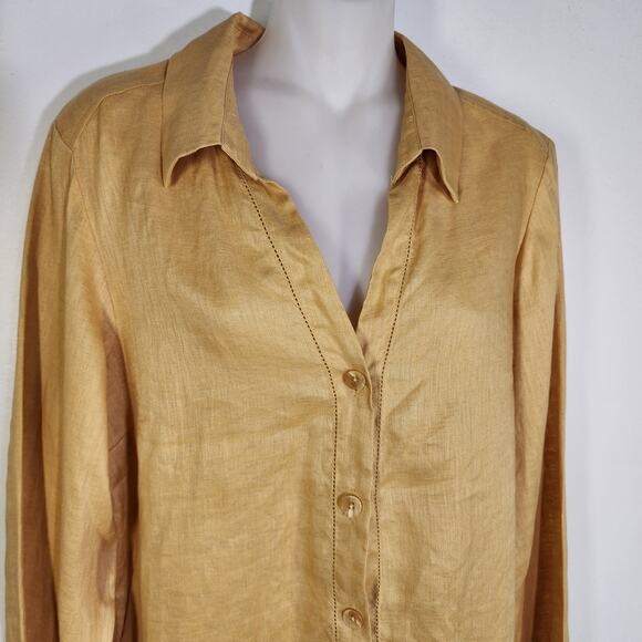Rafaella Woman Tunic Top Size 10 Linen Shirt Yellow Button Up Long Sleeve Eyelet - Picture 3 of 10